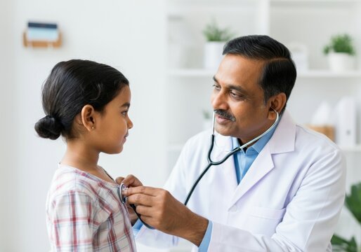 A pediatrician calmly examining a young girl during a consultation