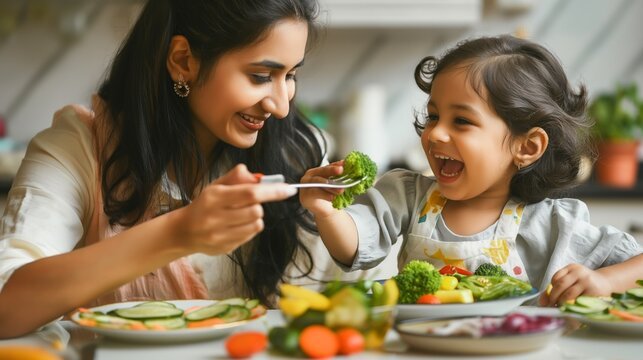A mother feeding her baby fresh fruits at a high chair at home