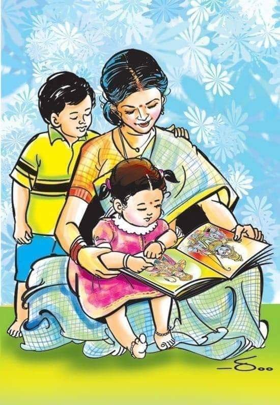 Parents reading a picture book with their two children at home