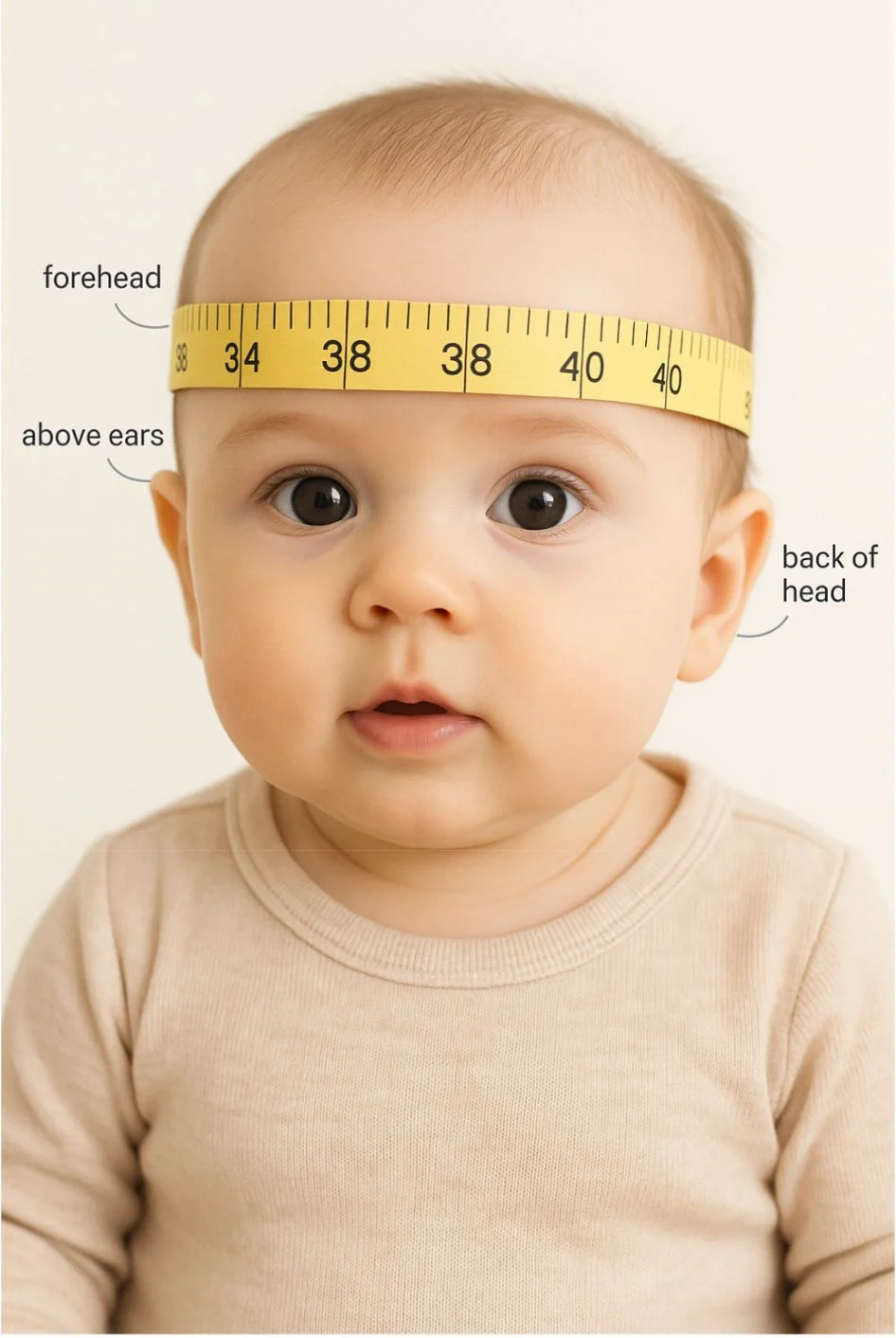 A measuring tape checking a young child's head circumference