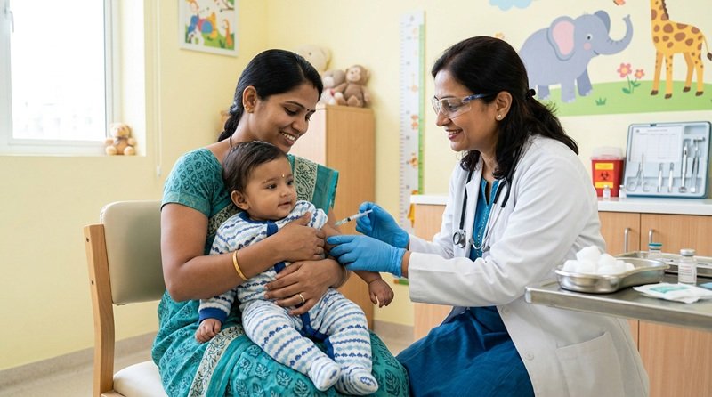 A mother holds her baby close during a vaccination at the clinic