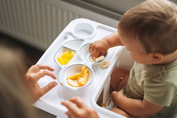 Mother feeding her baby fresh fruits at a high chair at home
